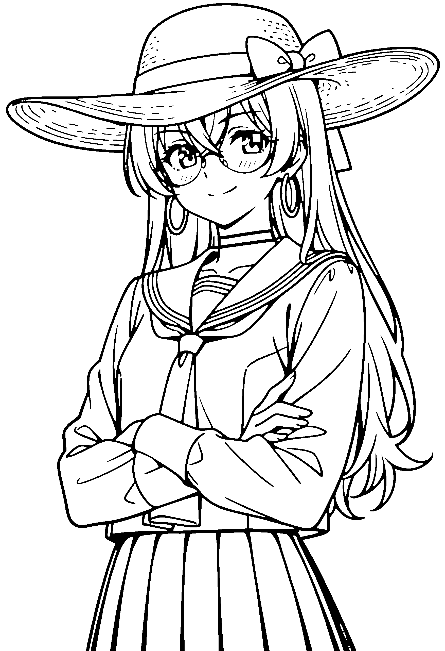 Black and white line art coloring page of an anime girl with long hair, school uniform, sun hat, glasses, choker and smiling