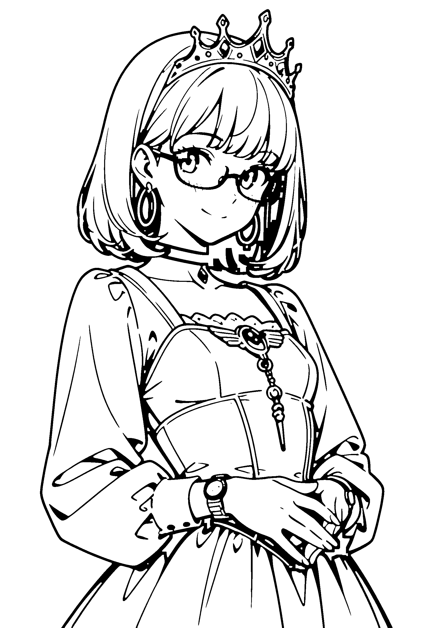 Black and white line art coloring page of an anime girl with princess dress, medium hair, dress, crown, glasses, choker and smiling