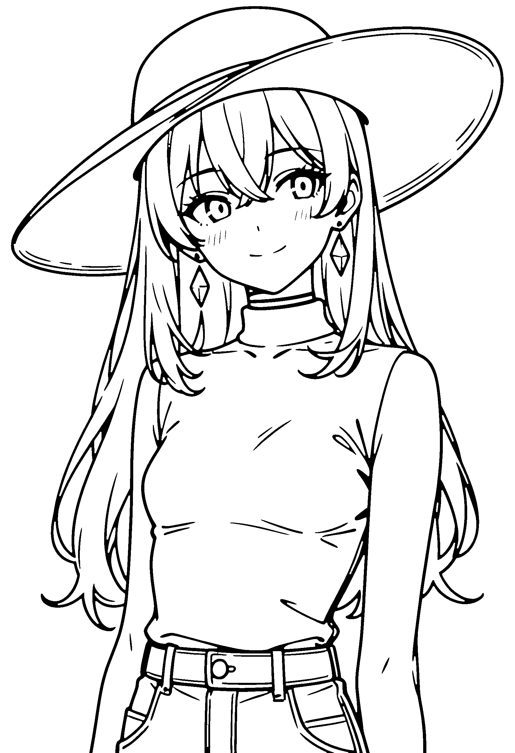 Black and white line art coloring page of an anime girl with long hair, turtleneck, sun hat, choker and smiling