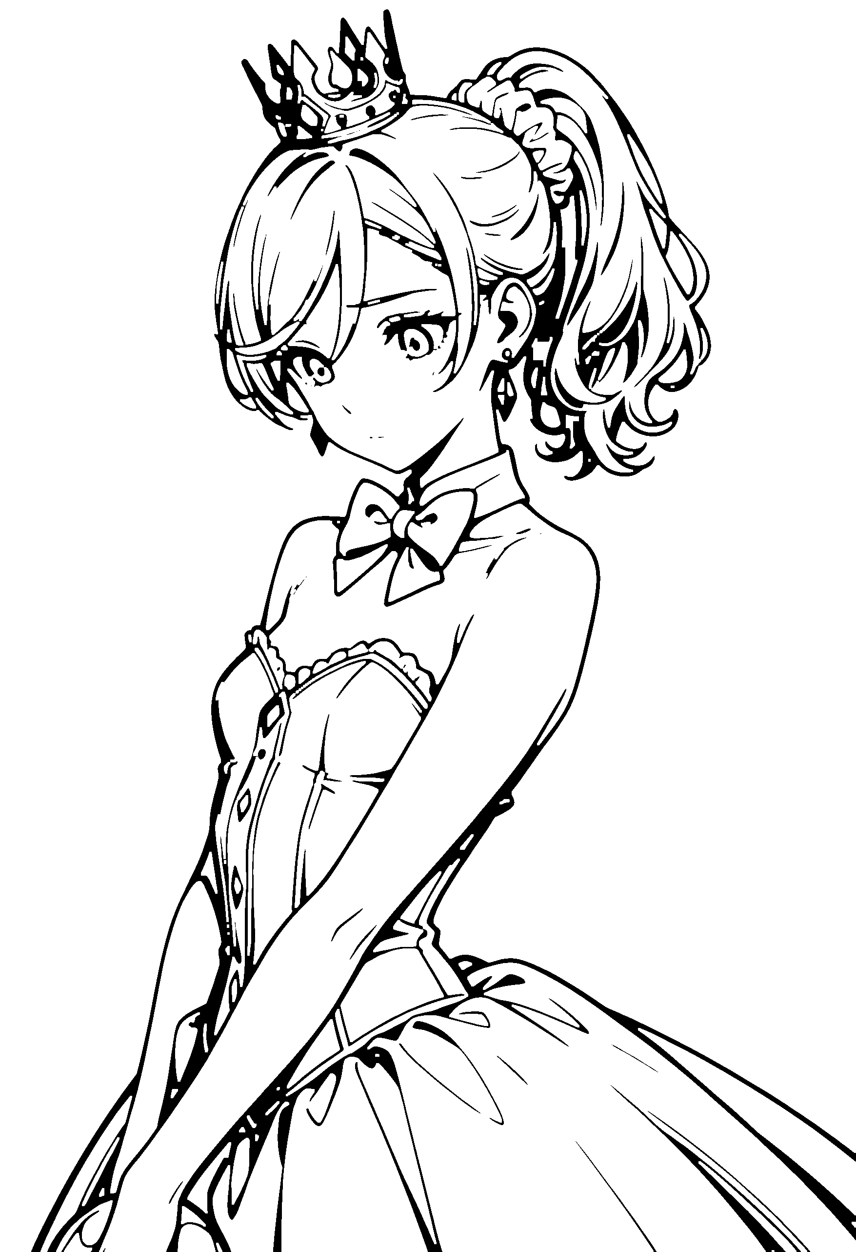 Black and white line art coloring page of an anime girl with princess dress, medium hair, ponytail, ball gown, crown, bow tie and shy
